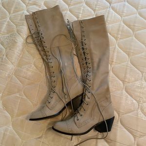 Jeffrey Campbell x Free People thigh high tan heeled boots